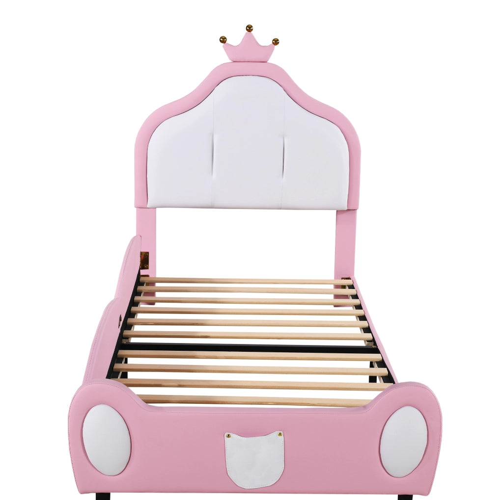 Letto singolo imbottito ULEVR 90x200 cm con testiera a corona, similpelle rosa e bianca