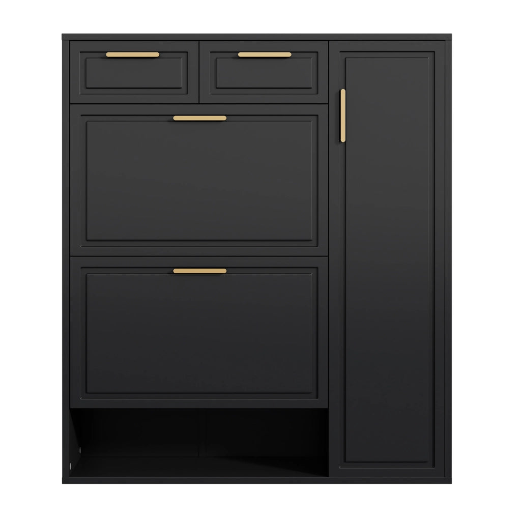 Scarpiera con ripiani regolabili, 2 cassetti e vani aperti, per ingresso, in truciolare e MDF, nero, 95 × 24 × 107 cm