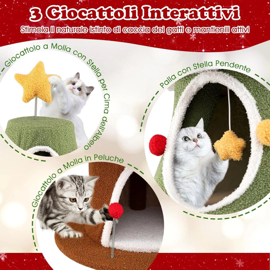 Albero di Natale per Gatti da Interno, Tiragraffi per Gatti Alta 154 cm con 4 Condomini, Pallina Pendete, Giocattolo a Molla e Stella in Cima, Mobile per Animali per Decorazioni Natalizie