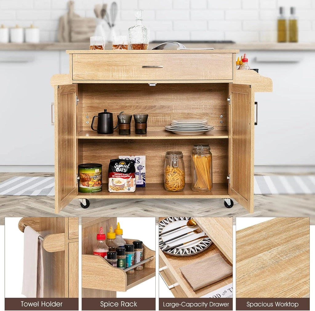 Carrello da Cucina, Credenza Mobile con Cassetto, Anta Doppia, Portaspezie e Portasciugamano, Ripiani Regolabili, Ruote con Freni, Portata di 50 kg, 116x40x85 cm, 4 Colori (naturale)