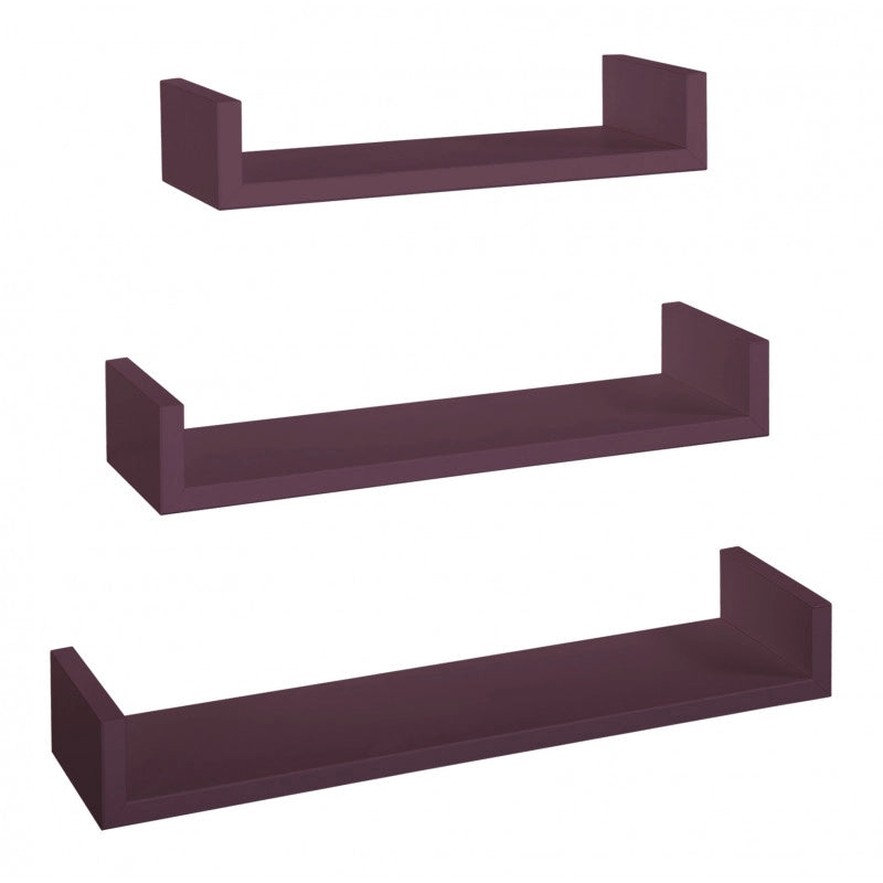 Set di 3 Mensole da Muro, Mensole Muro Design, Mensola da Parete, Viola Melanzana, 60x8 p15,5 cm, 50x8 p15,5 cm e 40x8 p15,5 cm - Calamita