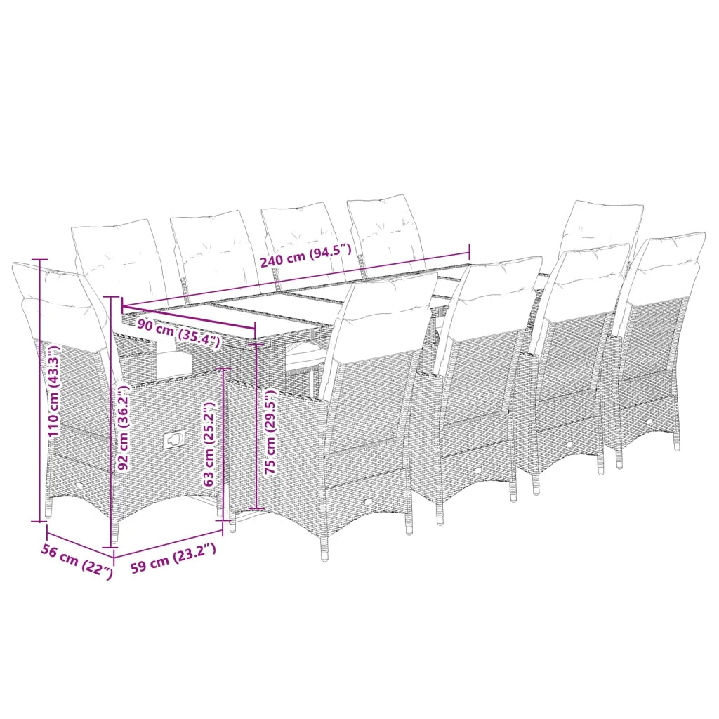 Set da BistrÃ² da Giardino 11 pz con Cuscini Nero in Polyrattan