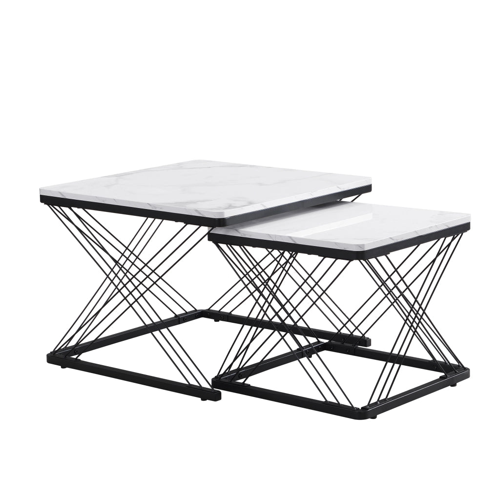 Set di 2 tavolini da caffè 60x60x45 cm e 45x45x40 cm; effetto marmo lucido; MDF; bianco nero
