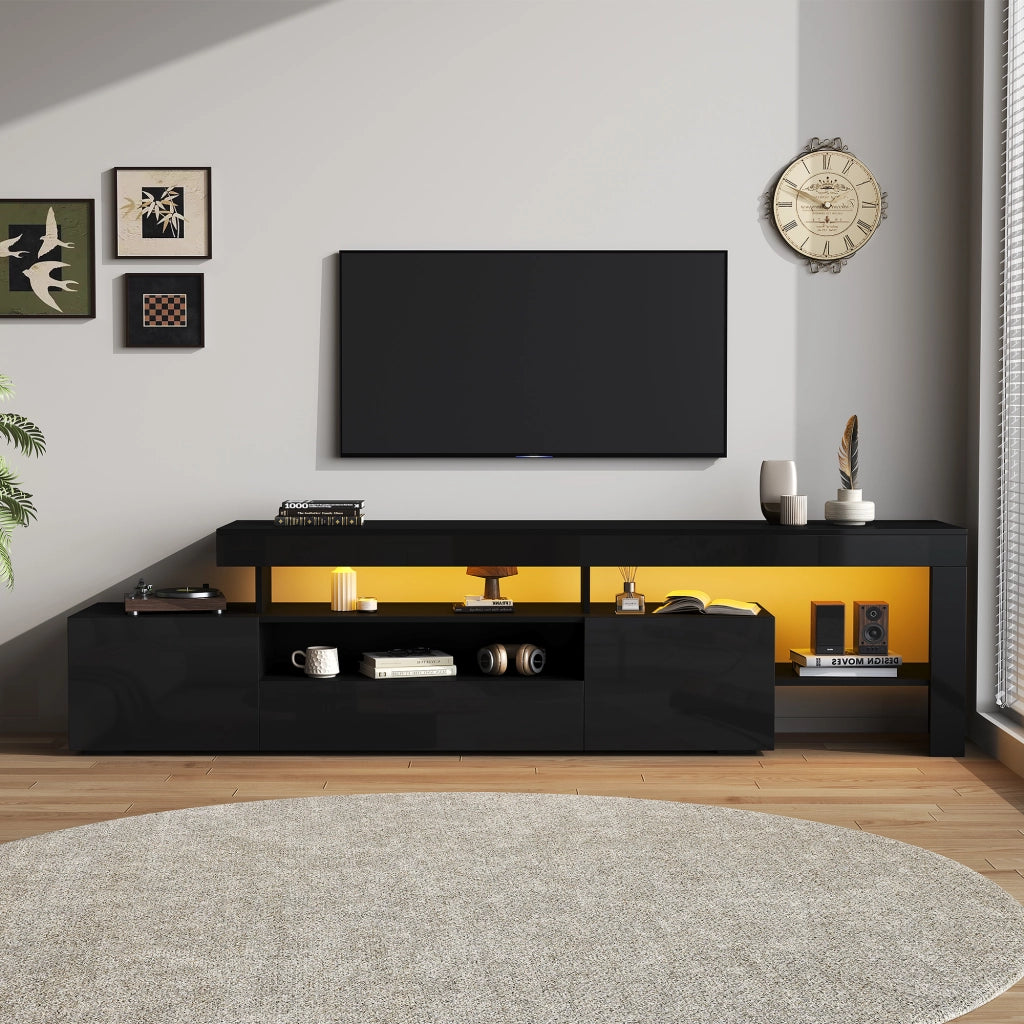Mobile TV lucido nero 192x37x53 cm per TV fino a 85", con 3 ante, LED con controllo da app e ripiani aperti