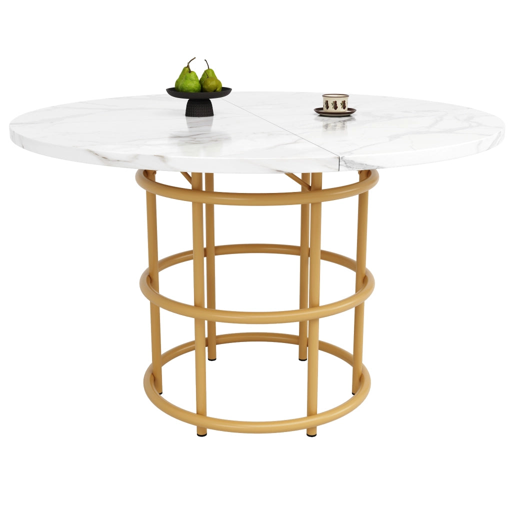 Tavolo da Pranzo Rotondo ¨C Xylo ¨C Piano MDF Effetto Marmo, Gambe in Metallo Dorato, 100x100x76