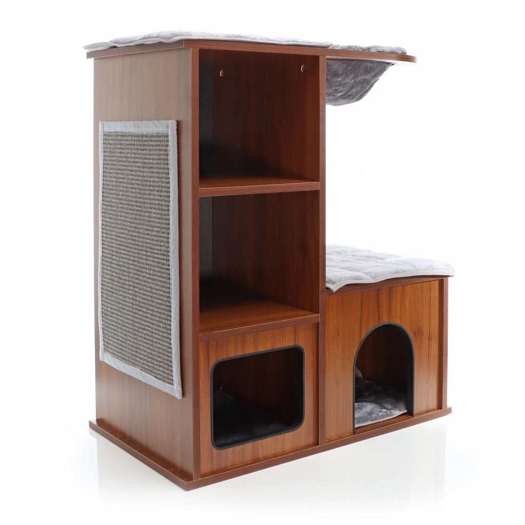 Fudajo Casetta gioco per gatti Design in legno marrone con cuscini e tappetino tiragraffi in sisal