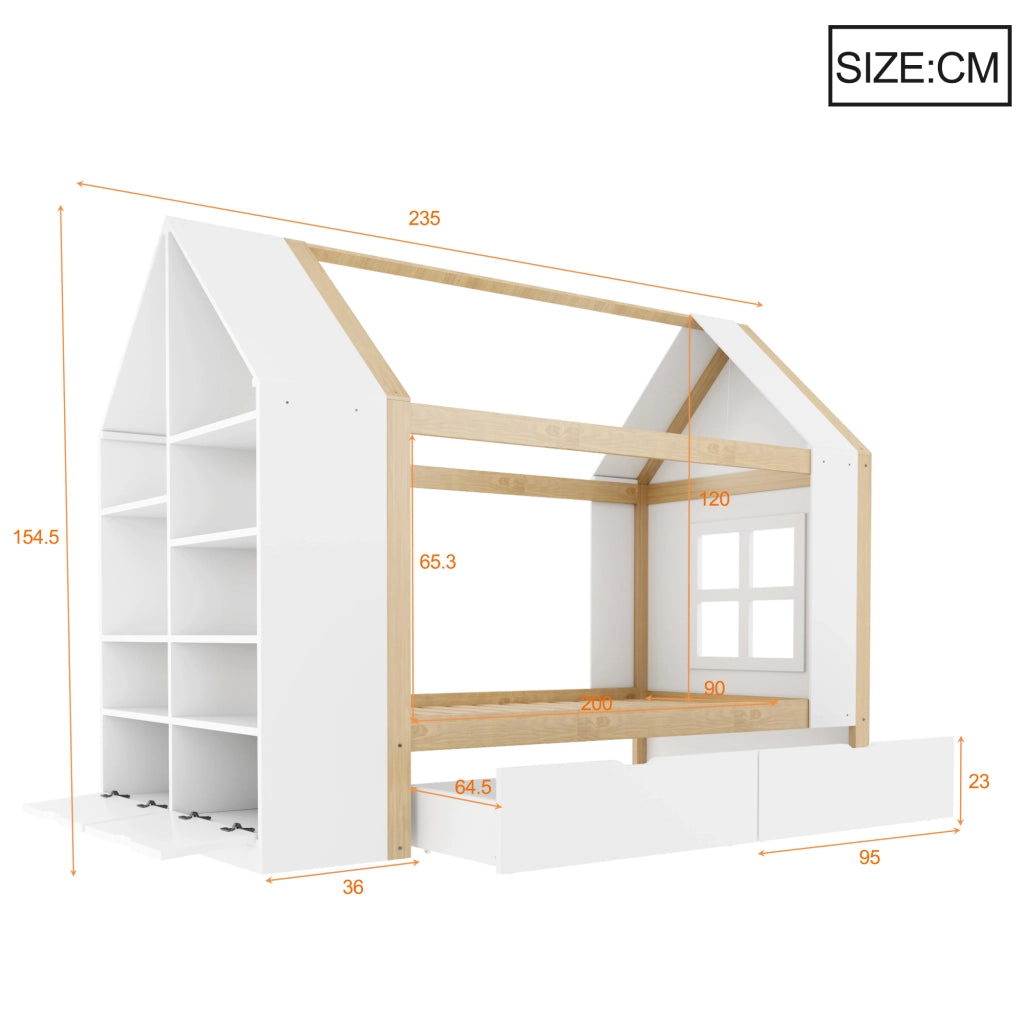 Letto a casetta per bambini 90 × 200 cm con 2 cassetti, LED e ripiani laterali, senza materasso, legno massiccio, bianco naturale