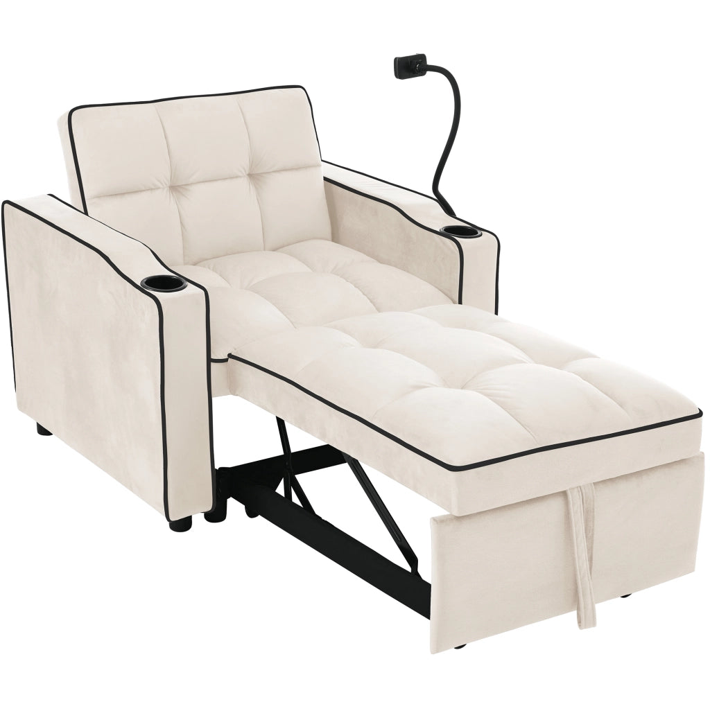 Divano letto singolo 3 in 1 estraibile con portabicchieri e porta telefono; beige 83x167x76 cm