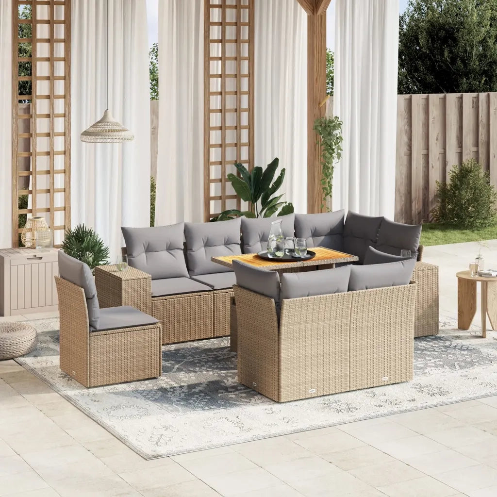 Set Divano da Giardino 9 pz con Cuscini Beige in Polyrattan