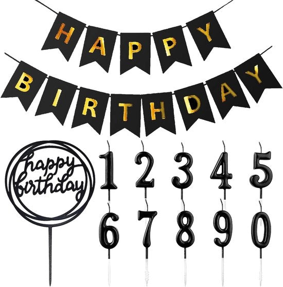 Set di decorazione per torte - 10 candele nere - accessorio per torte - bandiera per compleanni - ecocompatibile - dimensioni 4,5 x 2,5 cm - decorazione per torte