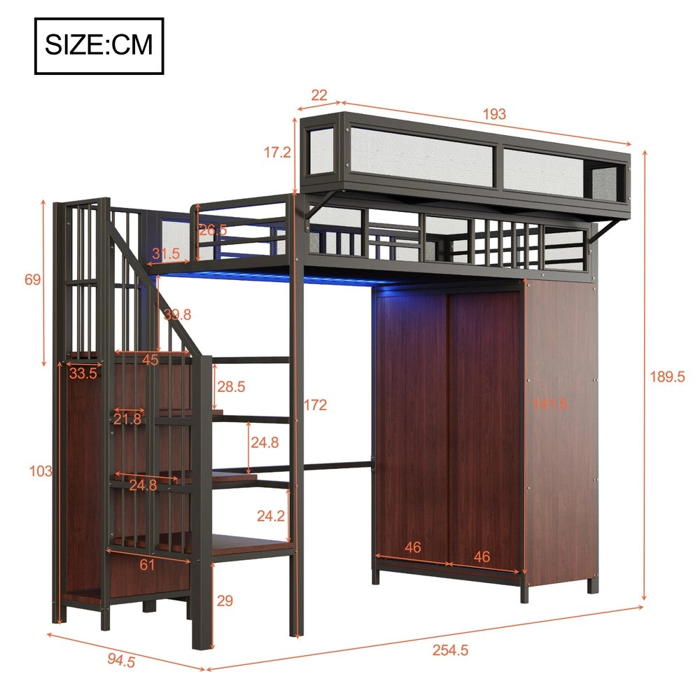 Letto a Soppalco con Armadio e LED ¨C MINIMAL ¨C Metallo Nero 90x200