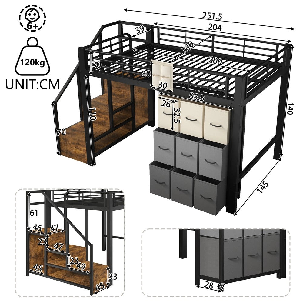 Letto a Soppalco con Cassetti e Scala ¨C Xylo ¨C Metallo Nero 140x200