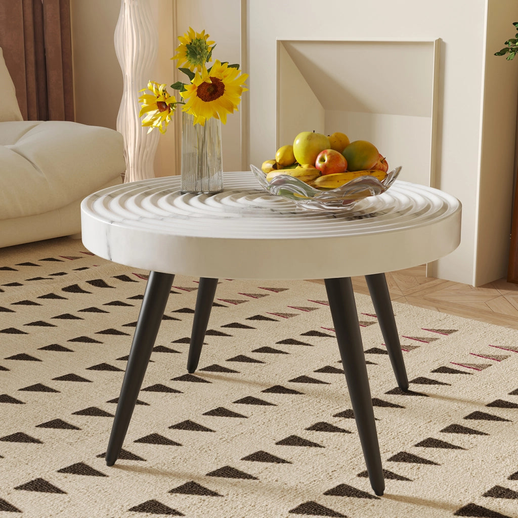 Tavolino da salotto rotondo con piano 5 cm in MDF effetto marmo; gambe in metallo regolabili; bianco; 73.99 × 73.61 × 22.5 cm