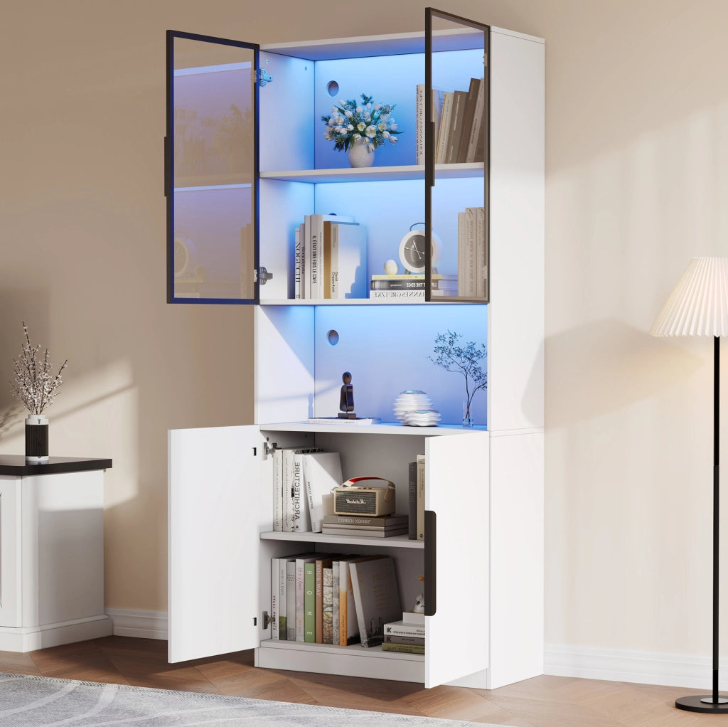 Vetrina moderna con ante in vetro e LED; 80 x 30 x 200 cm; bianco