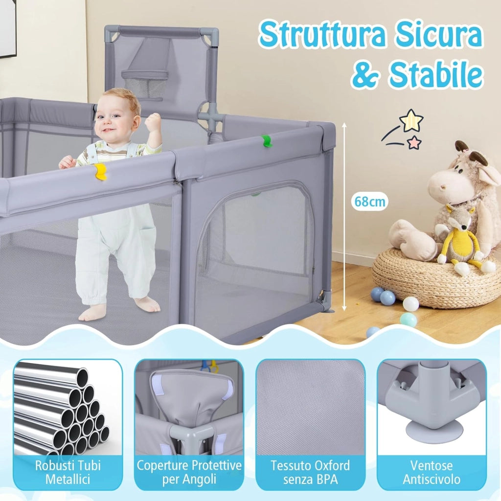 Box Neonati 210 x 150 cm, Recinto Bambini Pieghevole con Canestro da Basket e 2 Porte da Calcio, Parco Giochi con 50 Palline, 4 Anelli e Borsa Trasporto, per Bambini 0-3 Anni (Grigio)