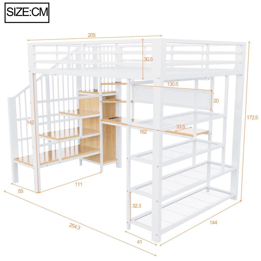 Letto a soppalco 140 × 200 cm con scala contenitore, LED, prese e scrivania, senza materasso, in metallo, bianco