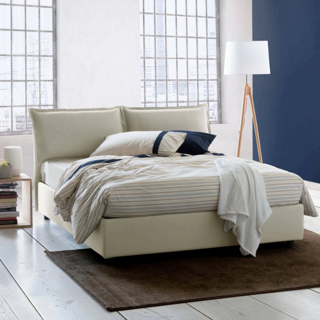 Letto matrimoniale Askari, Letto contenitore con rivestimento in tessuto, Made in Italy, Apertura frontale, adatto per materasso cm 140x190, Beige