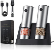 Set di Molini Sale e Pepe Elettrici Ricaricabili con USB - Adeguatezza Regolabile - Acciaio Inox con Luce LED e Base Lavabile Rimovibile - Argento
