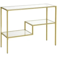 Consolle da Ingresso a 3 Ripiani in Acciaio e Vetro Temperato, 100x32x76 cm, Oro