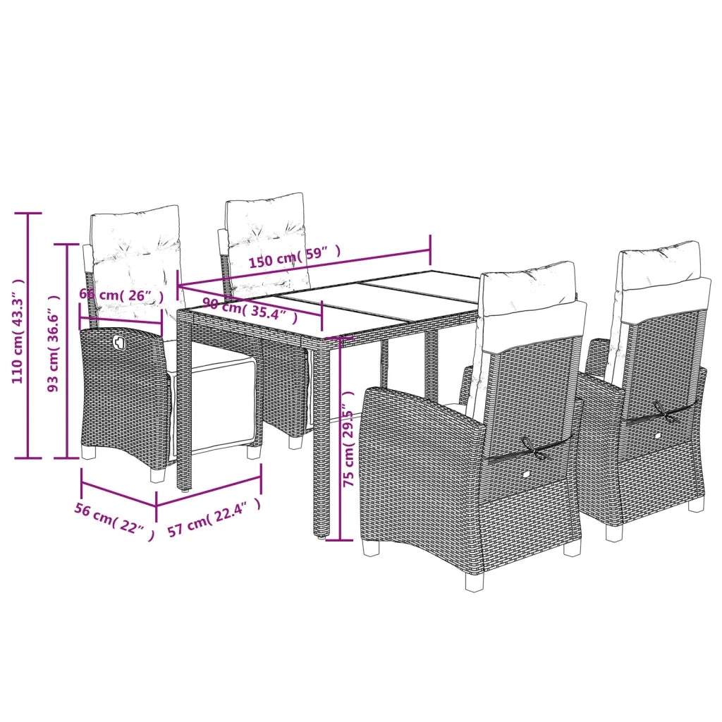 Set da Pranzo da Giardino 5 pz Nero con Cuscini in Polyrattan