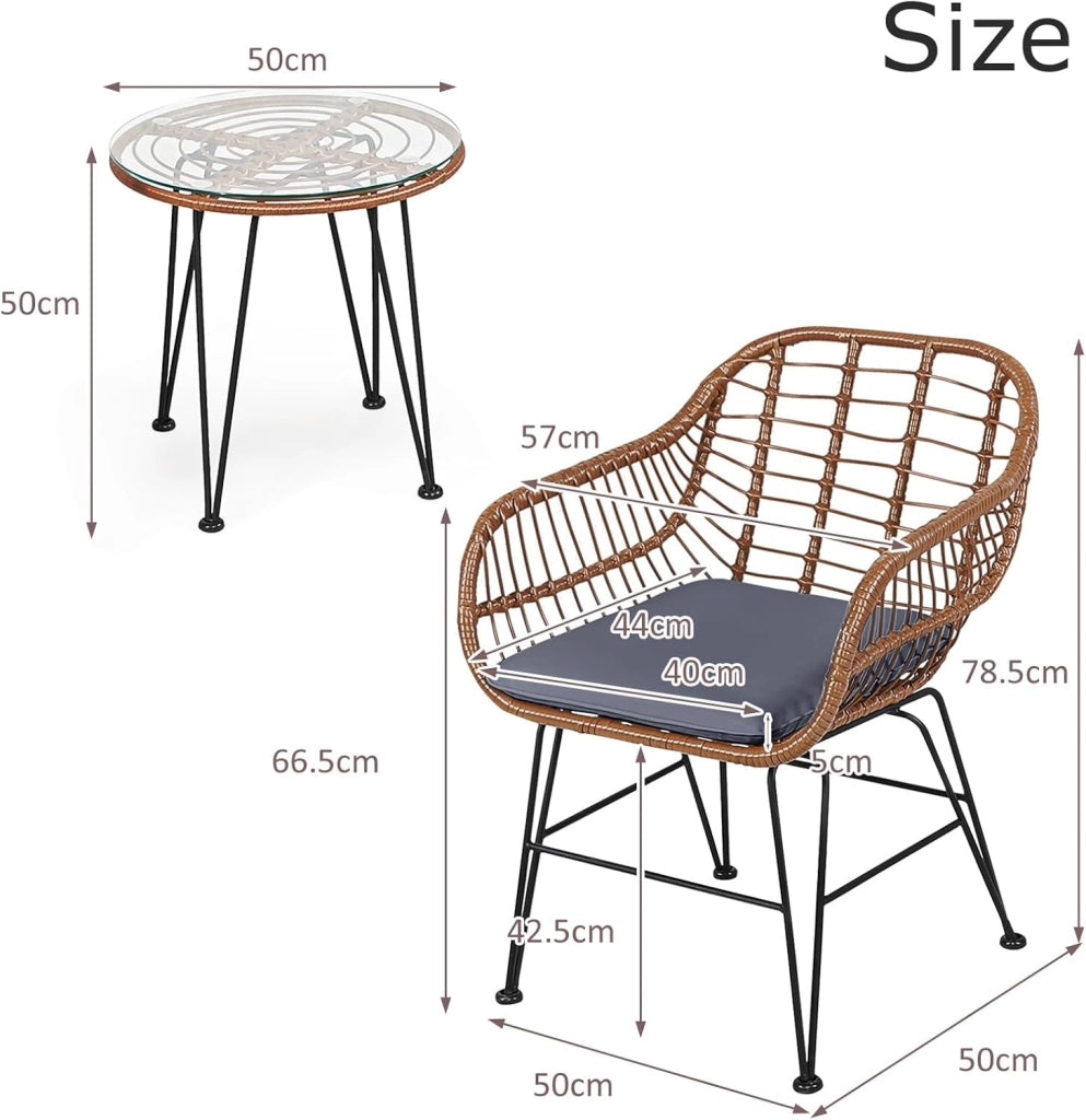 Set di 3 mobili da giardino in rattan, 2 sedie in rattan con cuscino e tavolino in vetro temperato, set da balcone per balcone, terrazza, giardino, marrone