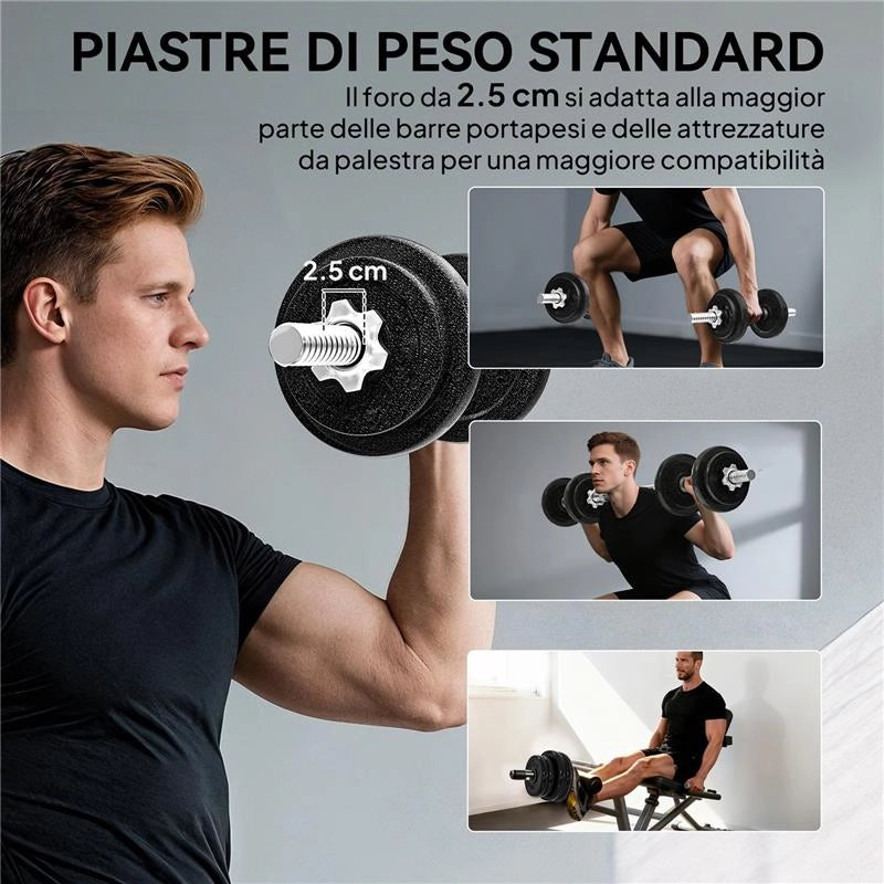 SET PESI E BILANCIERE DA 20KG CON IMPUGNATURE ANTISCIVOLO, 8 DISCHI PESI, BARRA BILANCIERE E 2 BARRE MANUBRI IN ACCIAIO