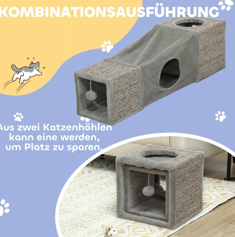 Tunnel pieghevole per gatti con due nicchie e rivestimento in sisal