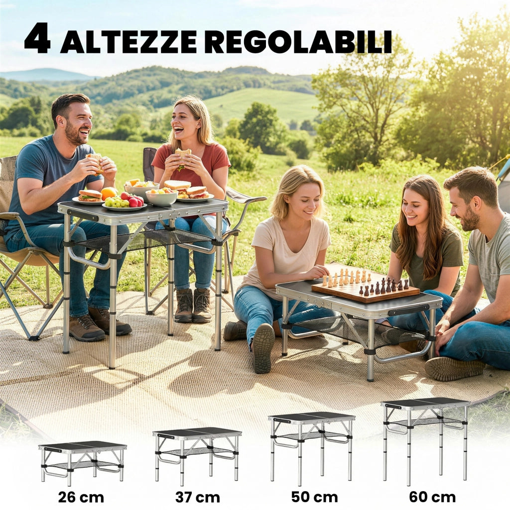 Tavolo Campeggio Pieghevole 60 cm, Picnic con Rete Strato, Nero