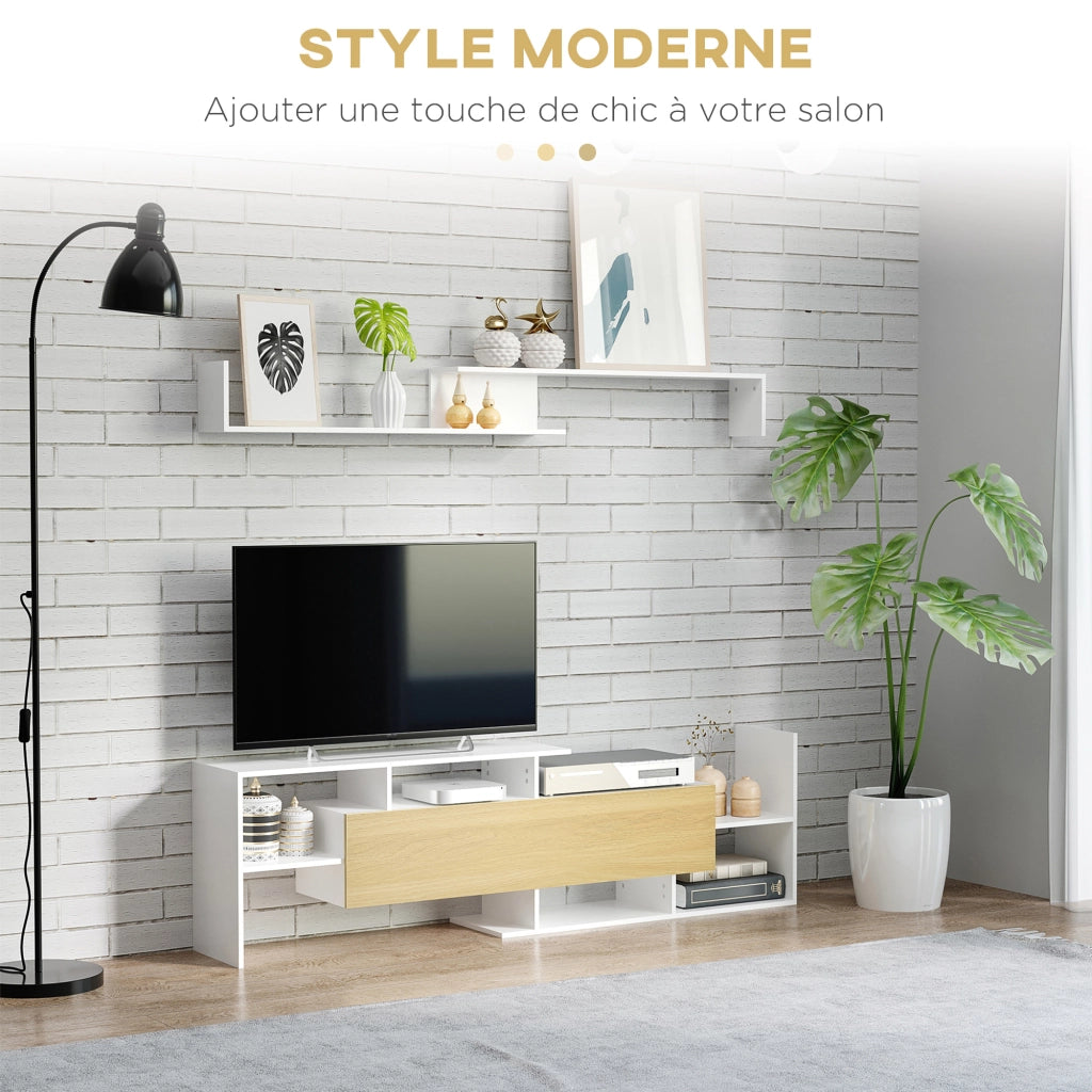 Mobile TV con panca e mensola a parete stile contemporaneo ¨C Xylo ¨C bianco e legno naturale 153,6 cm
