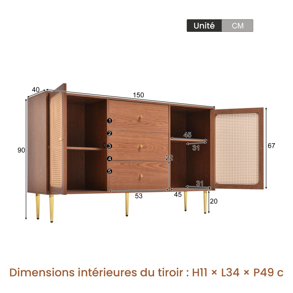 Cassettiera con 2 Ante e 3 Cassetti; Ripiano Regolabile; Stile Vintage; in Legno e Metallo; 150×40×90 cm; Noce