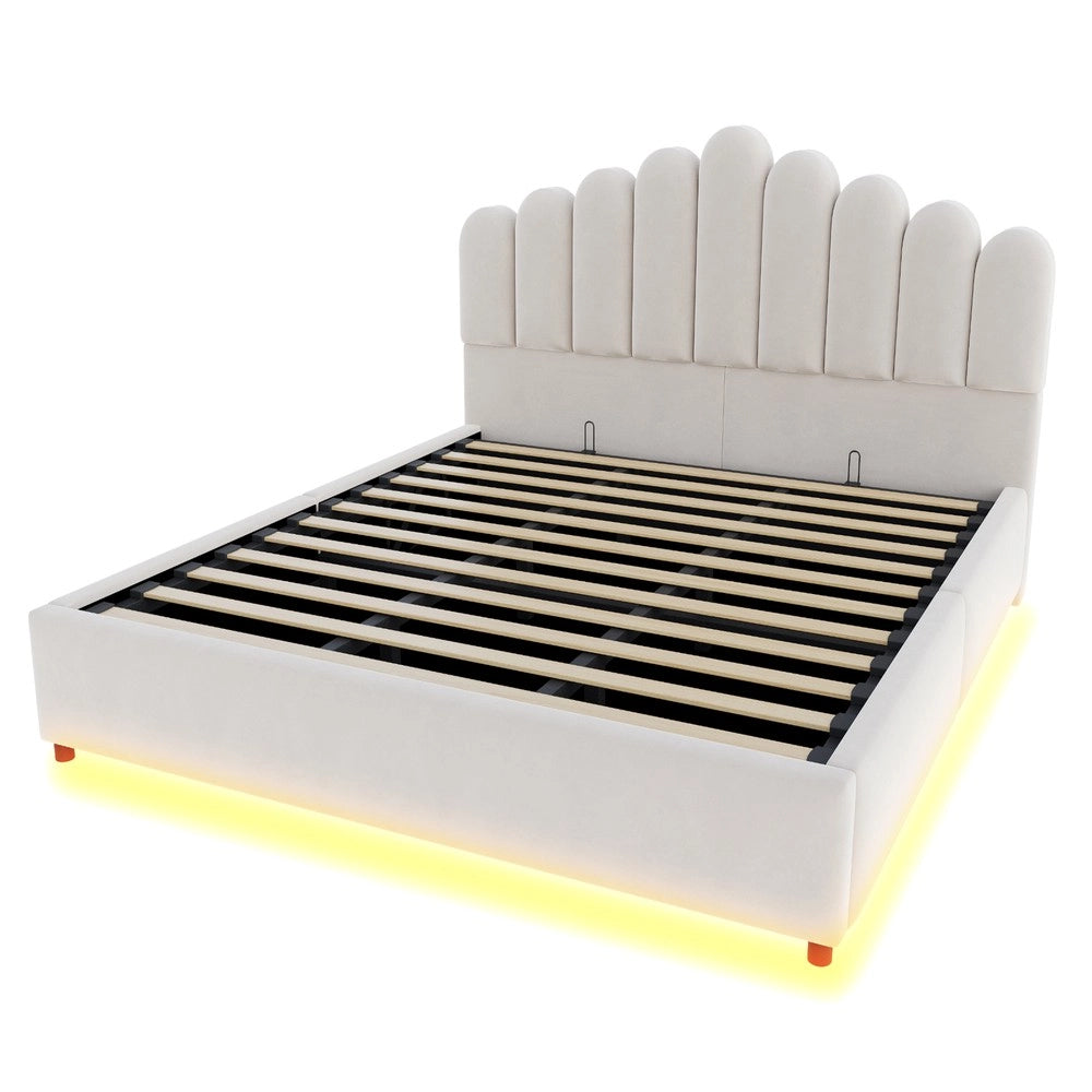 Letto imbottito contenitore con rete a doghe e LED ¨C Minimal ¨C Velluto beige 180x200cm