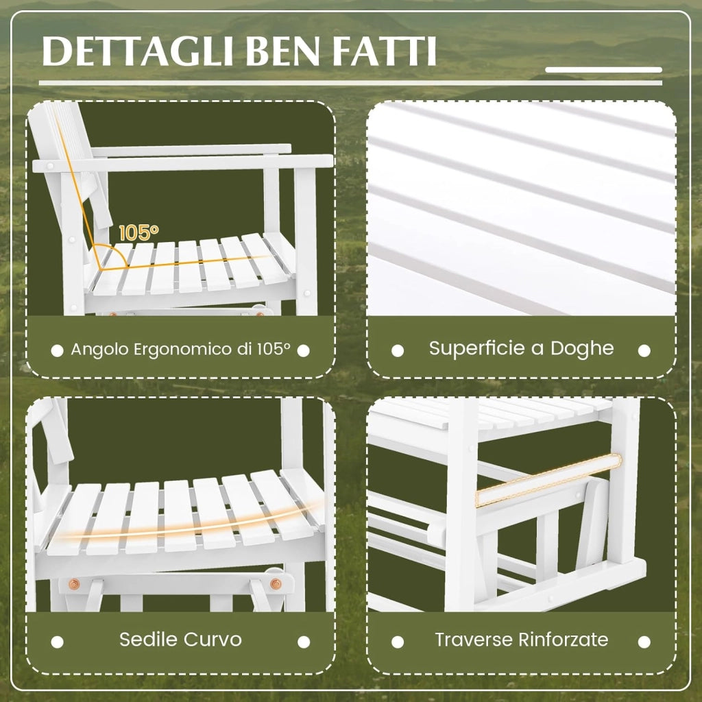 Panca a Dondolo a 2 Posti con Sicuro e Delicato Movimento Oscillante, Telaio in Legno Massello, Sedia a Dondolo per Giardino con Capacità di carico 225 kg, 126 x 68 x 100 cm, Bianco