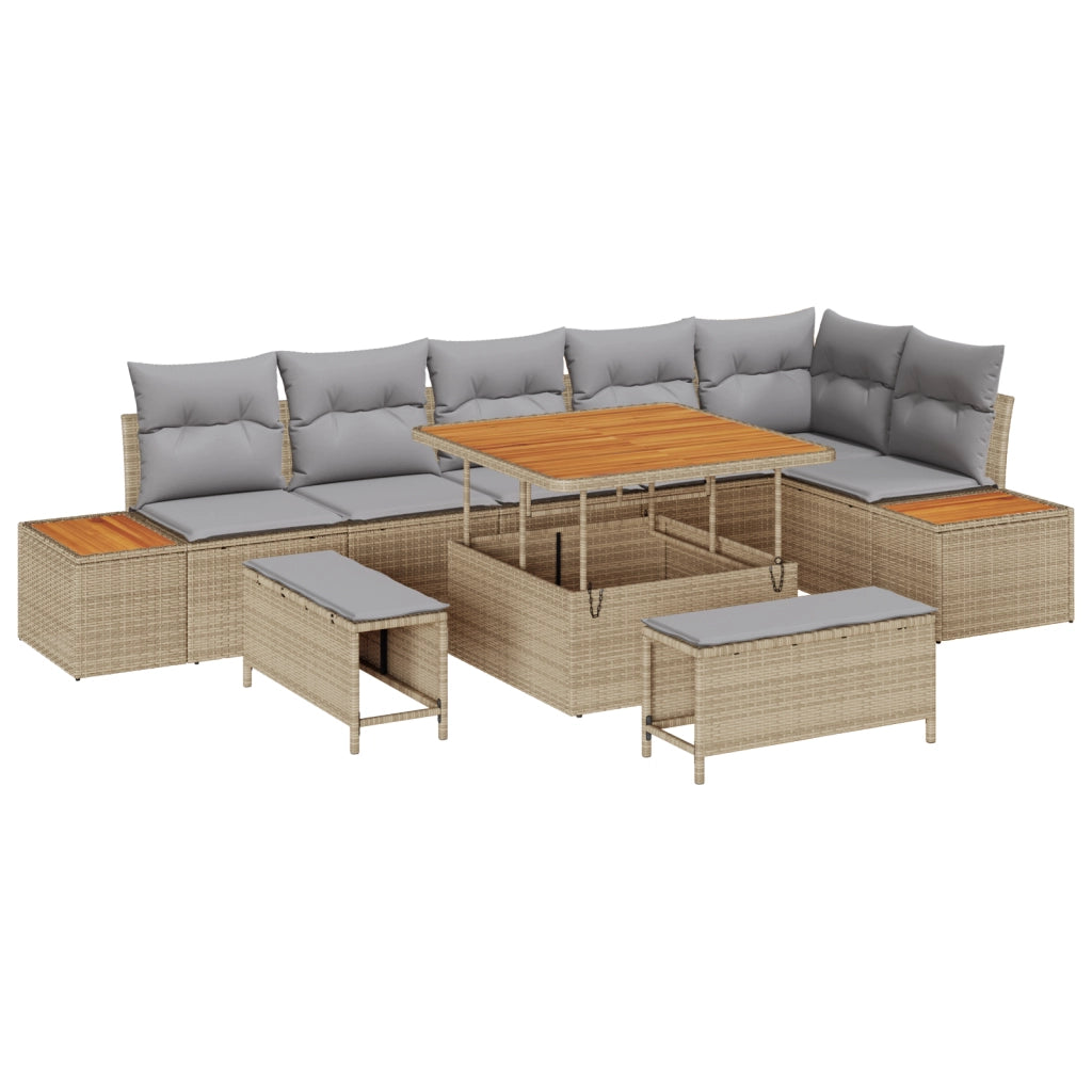 Set Divano da Giardino 9 Pezzi con Cuscini Beige Poly Rattan Acacia