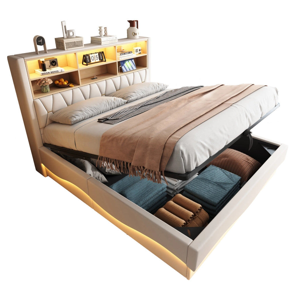 Letto matrimoniale 180x200 cm con contenitore; LED controllabile via app; USB e rivestimento in lino beige