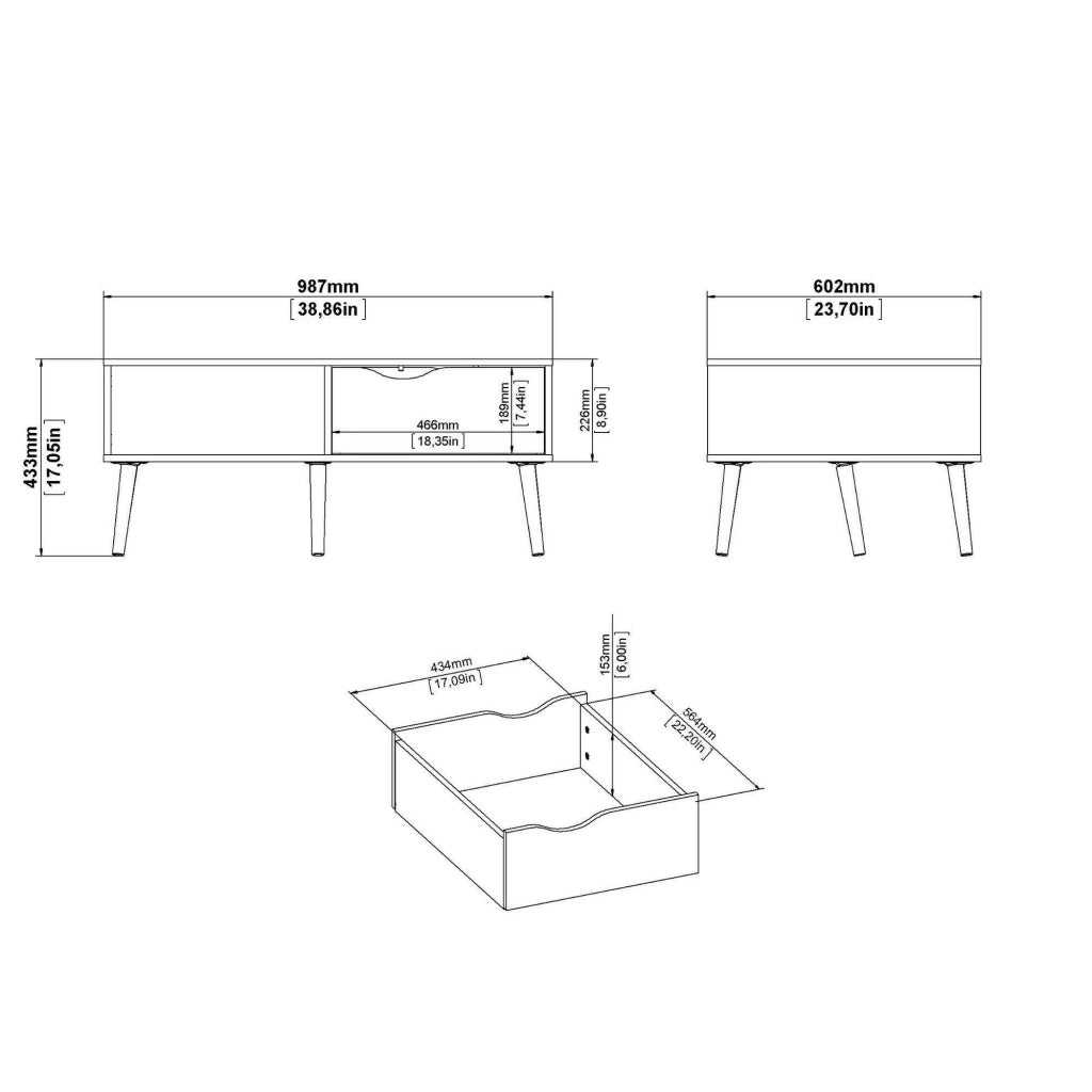Tavolino da salotto Sfene, Tavolo basso da caffè, Portariviste per divano, Ripiano da soggiorno, 99x60 h43 cm, Bianco e Quercia