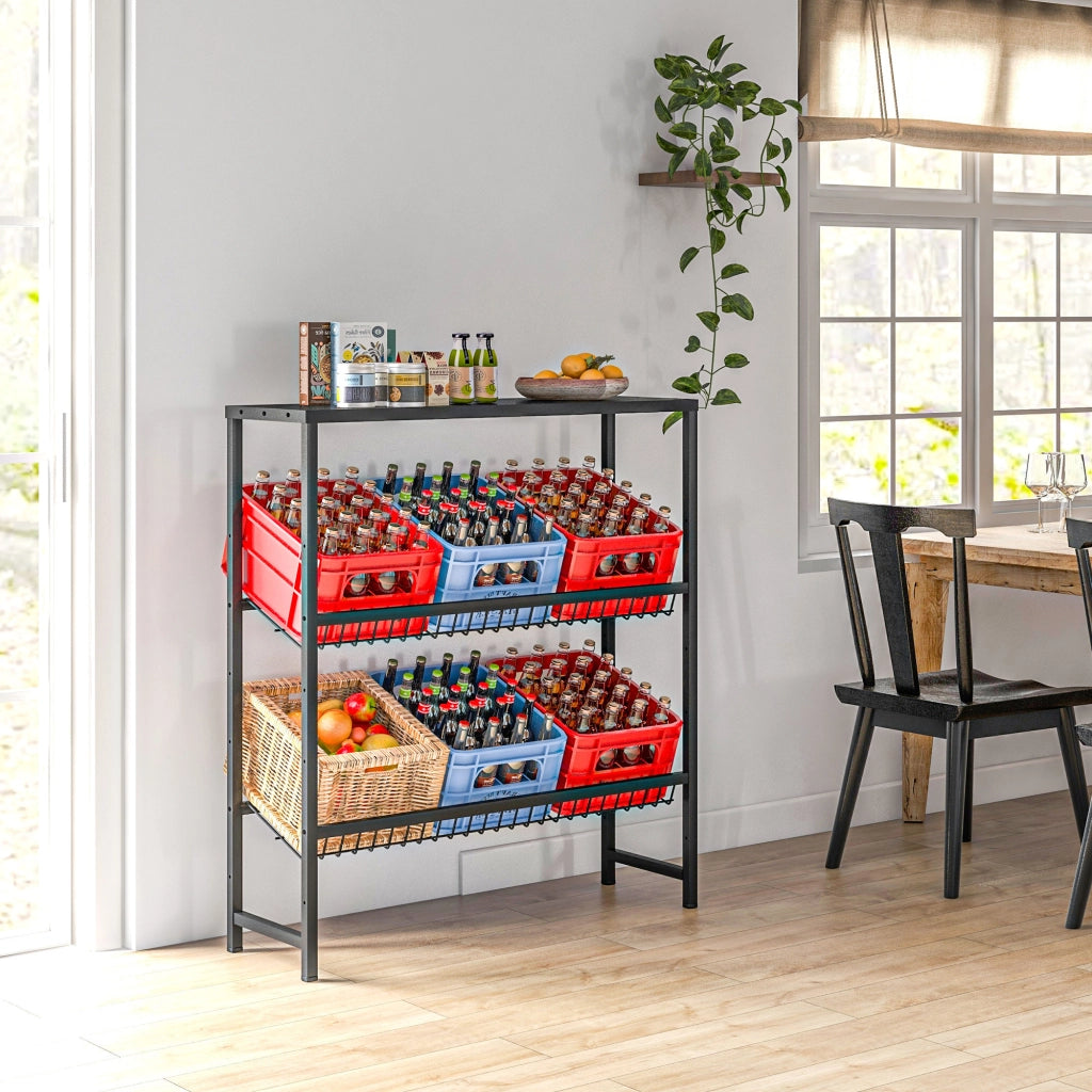 Scaffale portasistemi per cassette bevande freestanding, 3 ripiani, acciaio nero, 103 x 33 x 113,5 cm