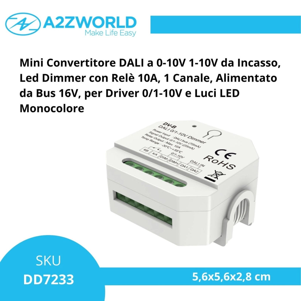 Mini Convertitore DALI a 0-10V 1-10V, Led Dimmer con Relè 10A, 1 Canale, Alimentato da Bus 16V, per Driver 0/1-10V e Luci LED Monocolore, 56X56X28mm da Incasso
