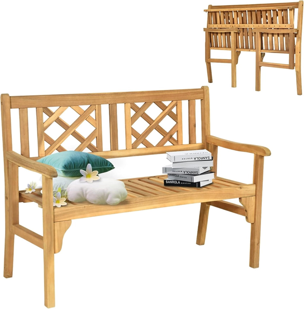 Panchina da Esterno Pieghevole, Panca da Esterno in Legno Massello con Schienale Curvo e Braccioli, Panchina per Giardino, Portico e Balcone, 120 x 56 x 90 cm