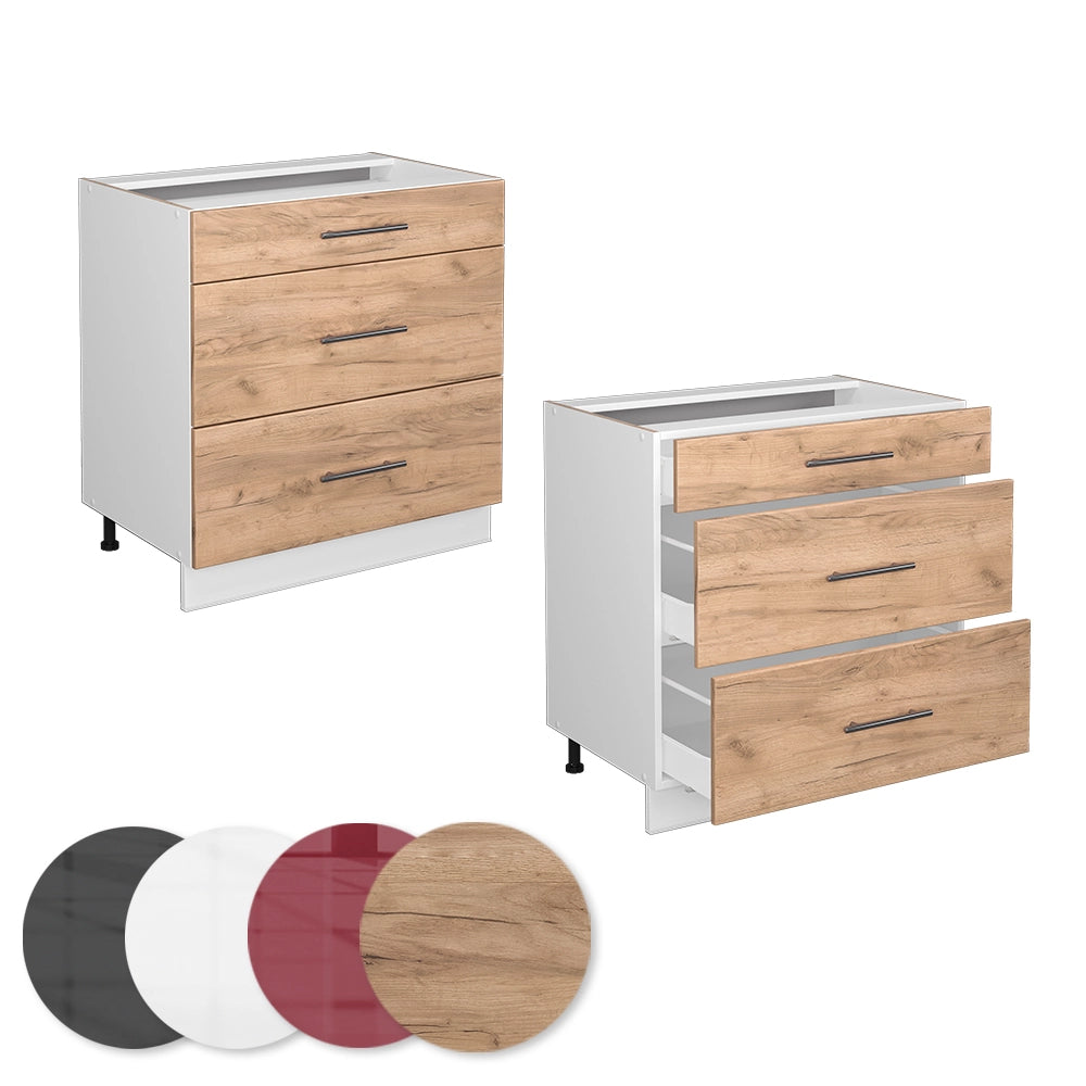 Mobiletto base per cucina Fame-Line Rovere dorato/Bianco 80 cm con 3 cassetti, senza piano di lavoro Vicco