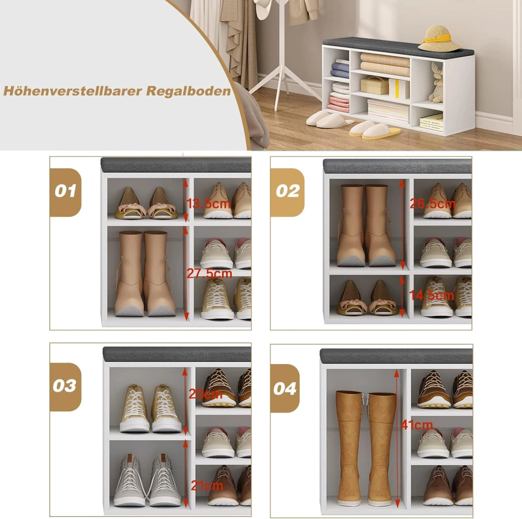 Panca Scarpiera da Ingresso, Scaffale Porta Scarpe a 7 Scomparti con Seduta Imbottita, Mobile da Ingresso Salvaspazio in Legno, Bianco e Grigio, 103,5x30x48 cm