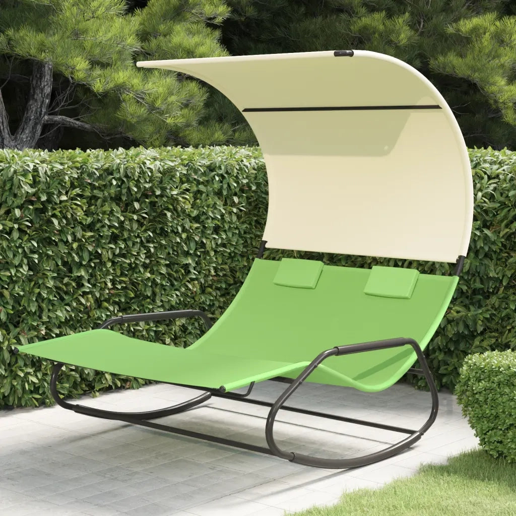 Lettino Prendisole Doppio a Dondolo e Baldacchino Verde e Crema cod mxl 23233