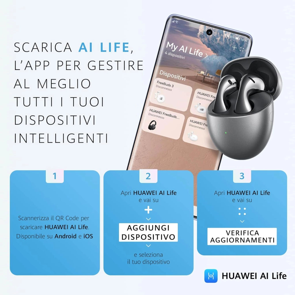 HUAWEI FreeBuds 5,iOS,Android&Windows,Cuffie Bluetooth Wireless,Design ergonomico,Driver ultramagnetico,Bassi intensi,Audio Hi-Res,Super ricarica,30h di autonomia,EQ adattivo,Versione italiana,Bianco