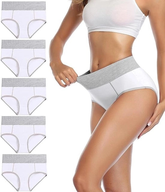 5 pacchi di slip comodi per donne, alta cintura, slip di cotone robusto per sollevare le anche e sottolineare la vita, Bianco - 2XL