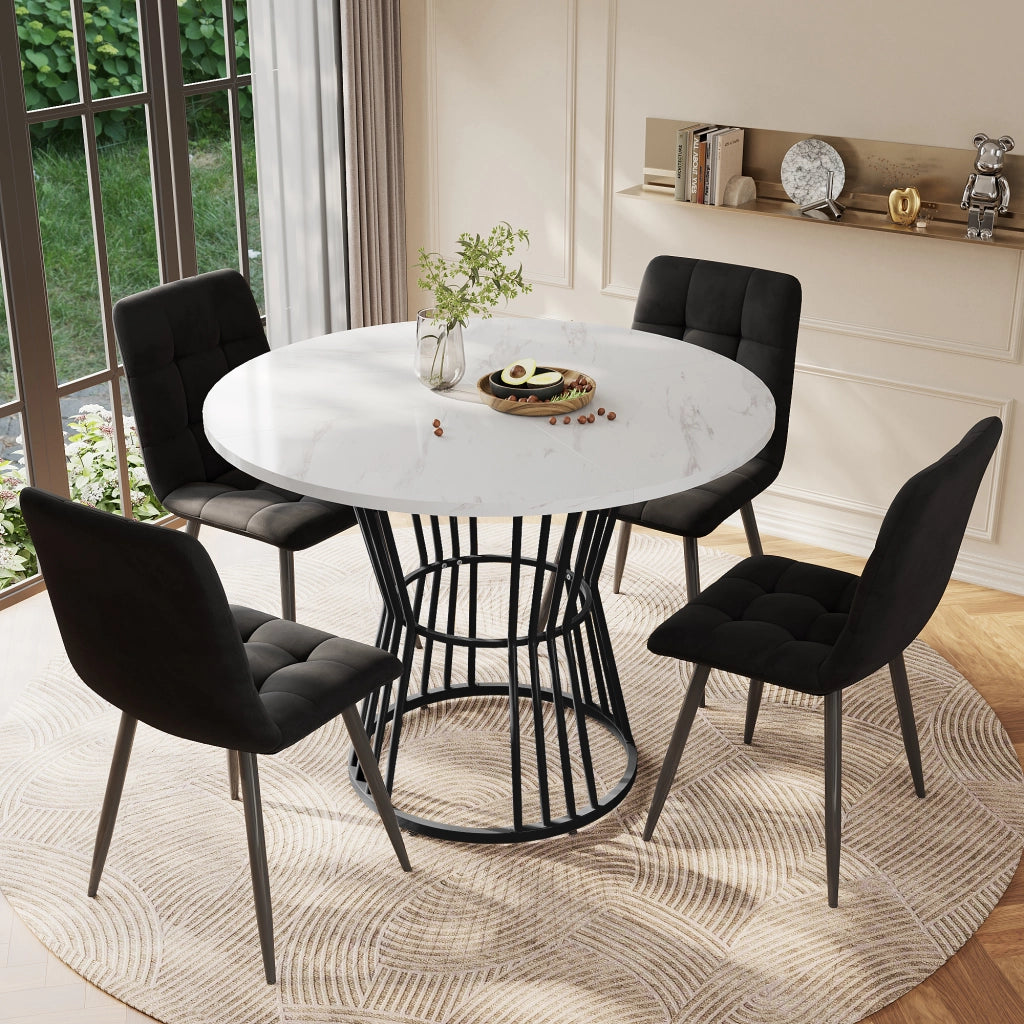 Tavolo da pranzo per 4 persone con 4 sedie in velluto, piano rotondo in MDF effetto marmo, per cucina e sala da pranzo