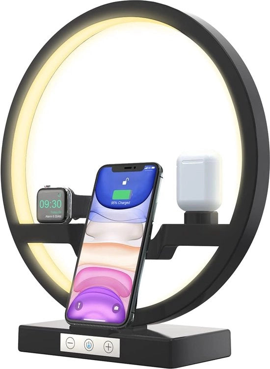 Caricatore 4 in 1 Senza Fili con Lampada LED: Ricarica, Illuminazione Ambientale e Controllo Musicale Adatto per AirPods, Apple Watch e iPhone