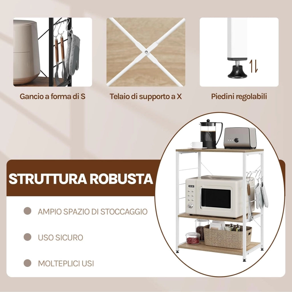 Scaffale per Cucina Carrello per Microonde Forno a 3 Ripiani in Metallo e Legno Scaffalature Fioriera Multiuso, Rovere Chiaro