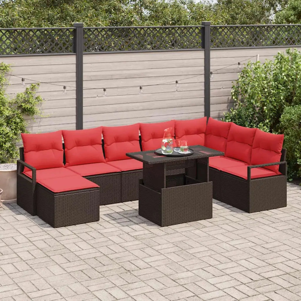 Set Divano da Giardino 9 pcs Marrone e Rosso polyrattan