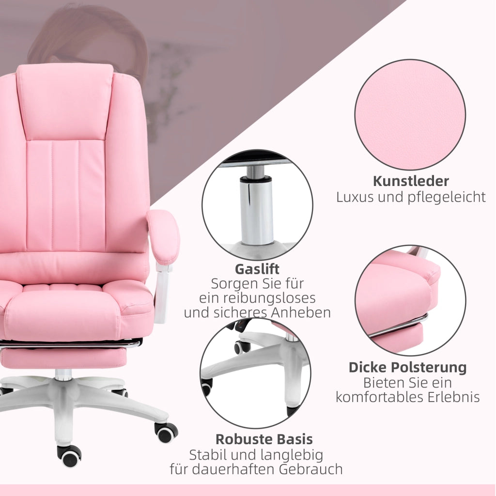 Sedia da ufficio con poggiapiedi; schienale reclinabile e altezza regolabile in similpelle rosa
