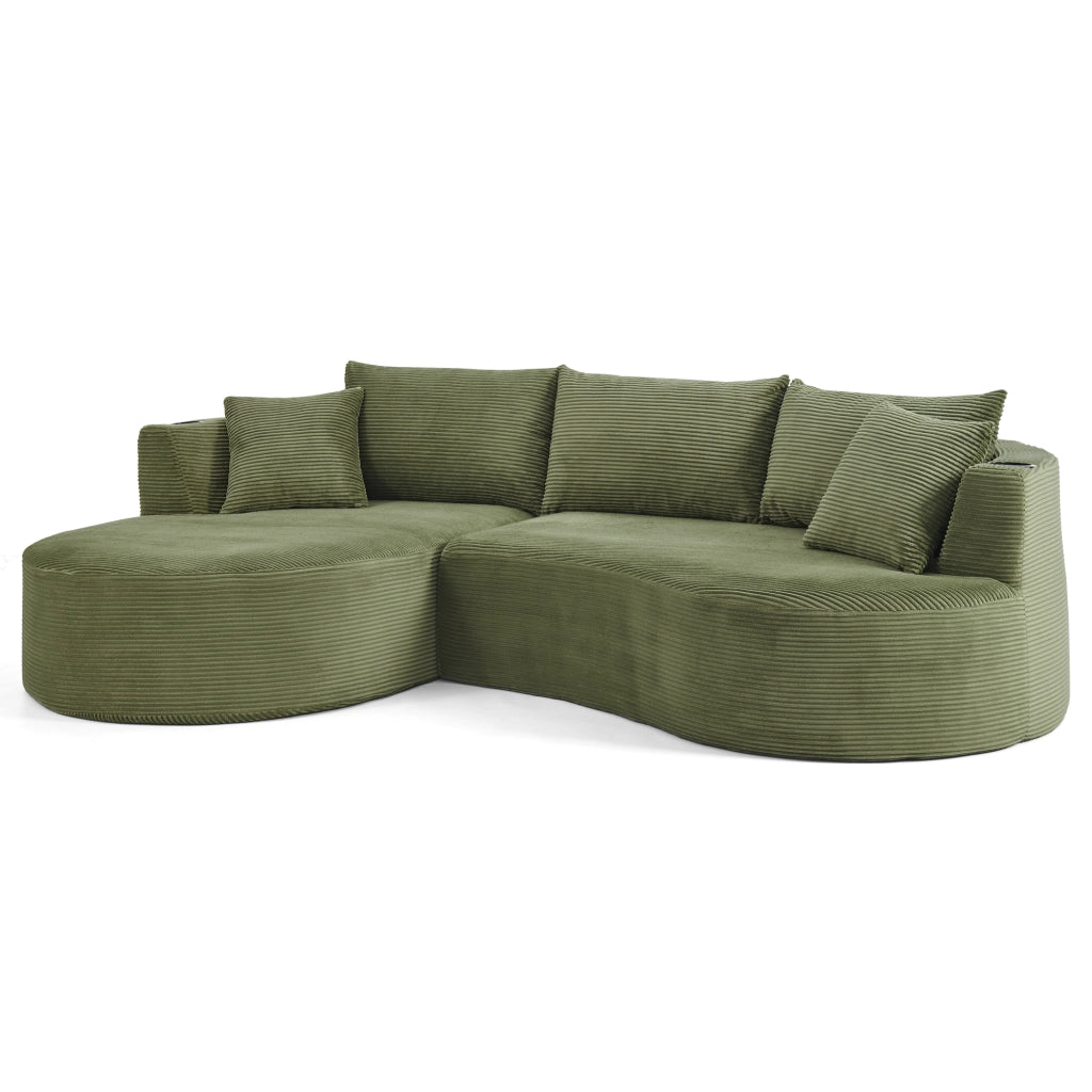 Divano 3 Posti con Chaise Longue Sinistra ¨C MINIMAL ¨C Tessuto a Coste, Verde, con Cuscini e Portabicchieri