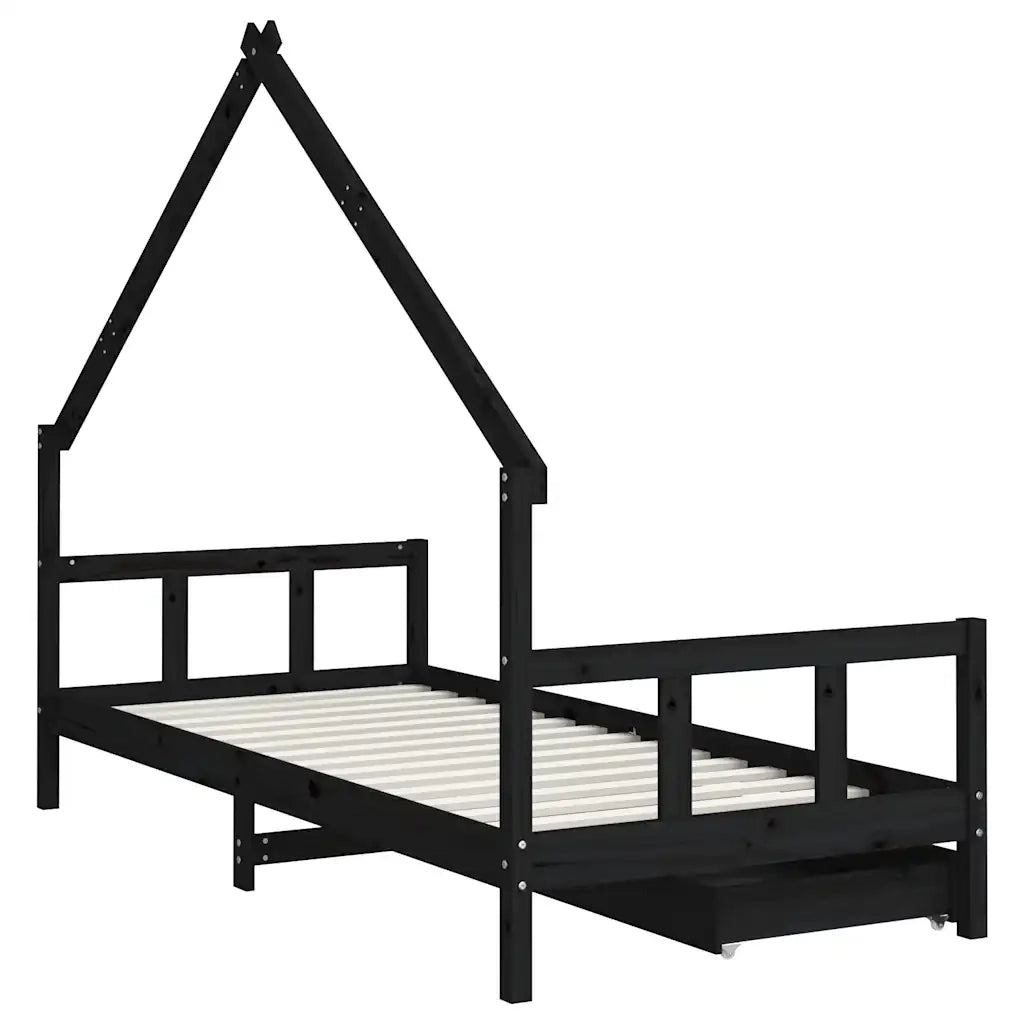Giroletto Bambini | Letto Infantile | Lettino con Cassetti Nero 90x200cm Massello di Pino